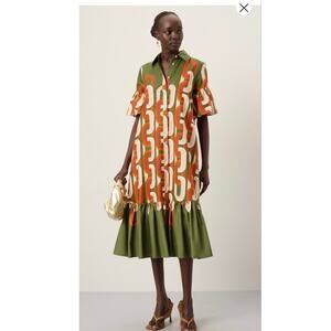 LA DOUBLEJ Green Orange Retro Inspired Print Ruffled Sleeves Choux Midi Dress M